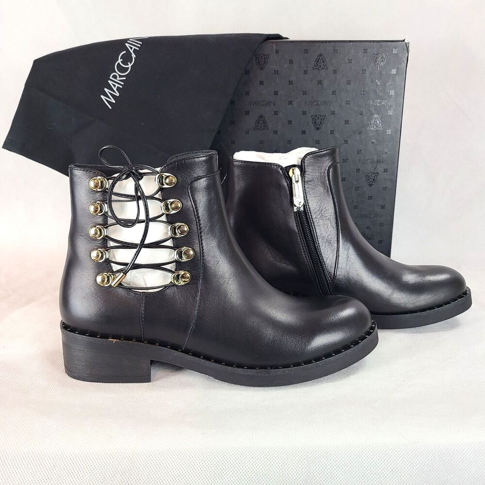 New MARC CAIN Women's (6) Black Leather Side Lace Up and Zip Ankle Bootie $420